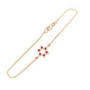 Star of David with Pink Rubies 14K Gold Charm Bracelet