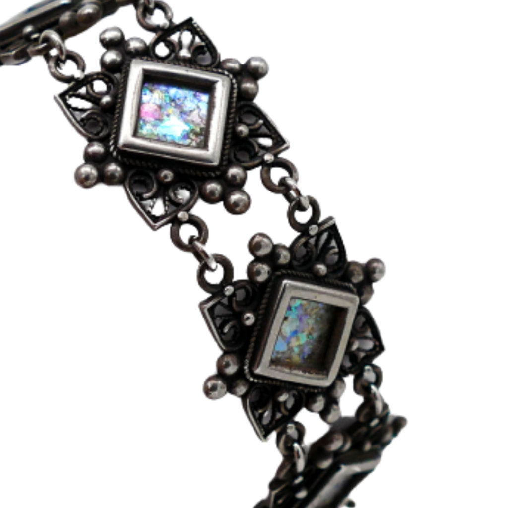Ethnic Sterling Silver Roman Glass Filigree Bracelet
