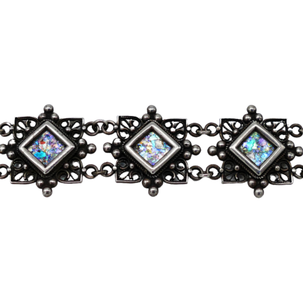 Ethnic Sterling Silver Roman Glass Filigree Bracelet