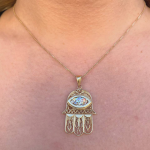 Hamsa and Evil Eye Roman Glass Pendant in 14k Gold Filigree