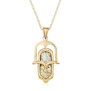 14K Yellow Gold and Roman Glass Bell Hamsa Pendant