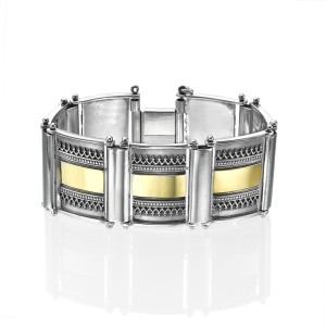 Silver and 14k Gold Yemenite Style Wide Tile Bracelet