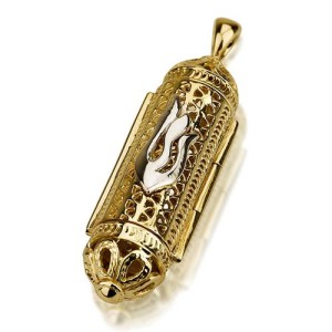 Mezuzah Pendant in 14k Yellow Gold Filigree Cylinder