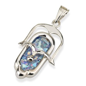 Silver and Roman Glass Cascade Hamsa Pendant