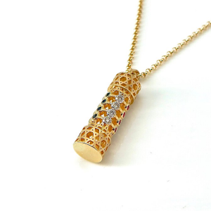 Torah Scroll Mezuzah Pendant in 14K Gold with Gemstones