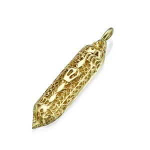 14k Yellow Gold Filigree Shin Mezuzah Pendant