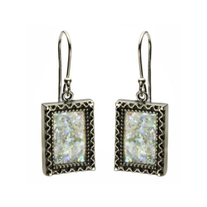 Sterling Silver Yemenite Roman Glass Rectangle Earrings