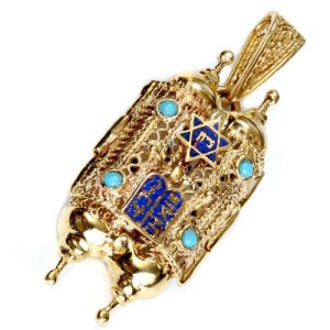 Turquoise 14k Gold Filigree Torah Pendant