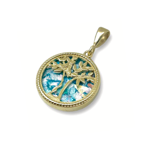 Tree of Life Roman Glass Pendant in 14K Gold - 19mm Dia