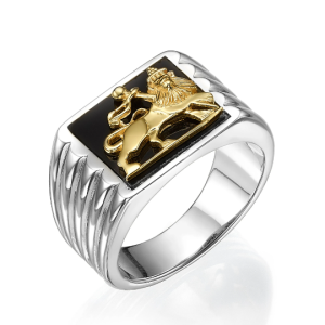 Lion of Judah Ring - Bob Marley Style Silver & 14K Gold Onyx