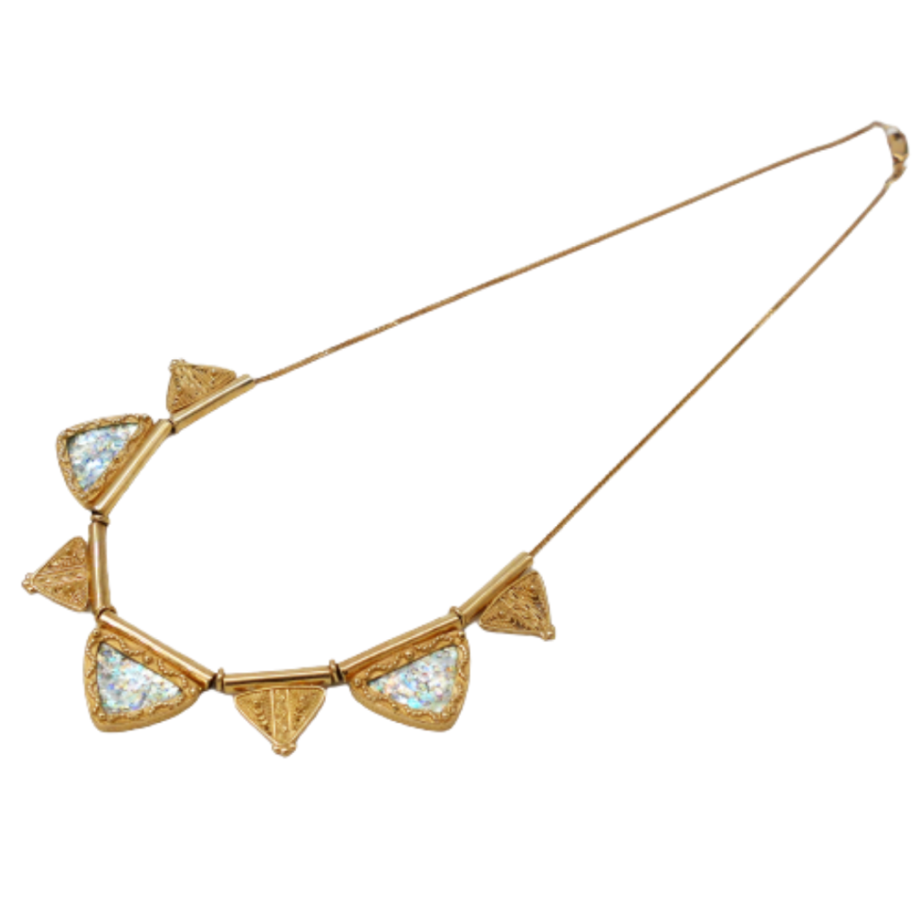 Triangular Roman Glass Filigree Ethnic 14k Gold Necklace