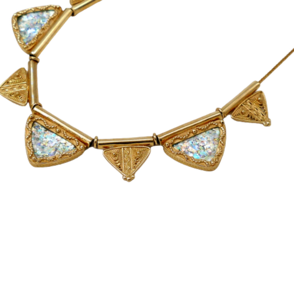Triangular Roman Glass Filigree Ethnic 14k Gold Necklace