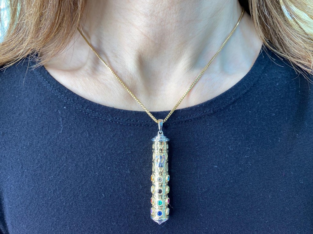 Precious Stones Talisman Two Tone Gold Mezuzah Pendant