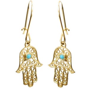 14k Gold Hamsa Earrings with Turquoise