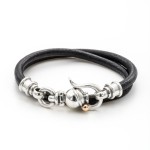 Double Strand Black Leather & Silver Bracelet
