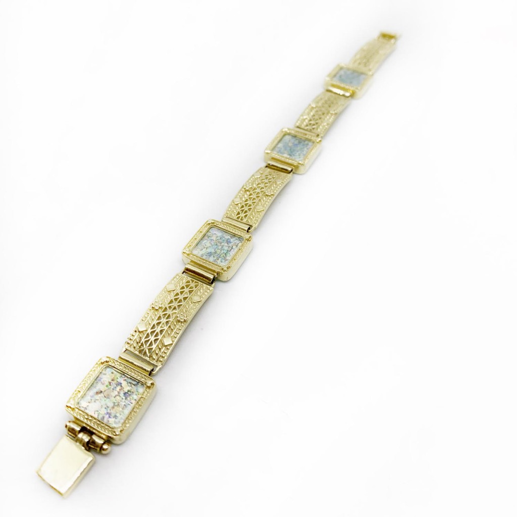 Square Roman Glass Yemenite Filigree Style 14k Gold Bracelet
