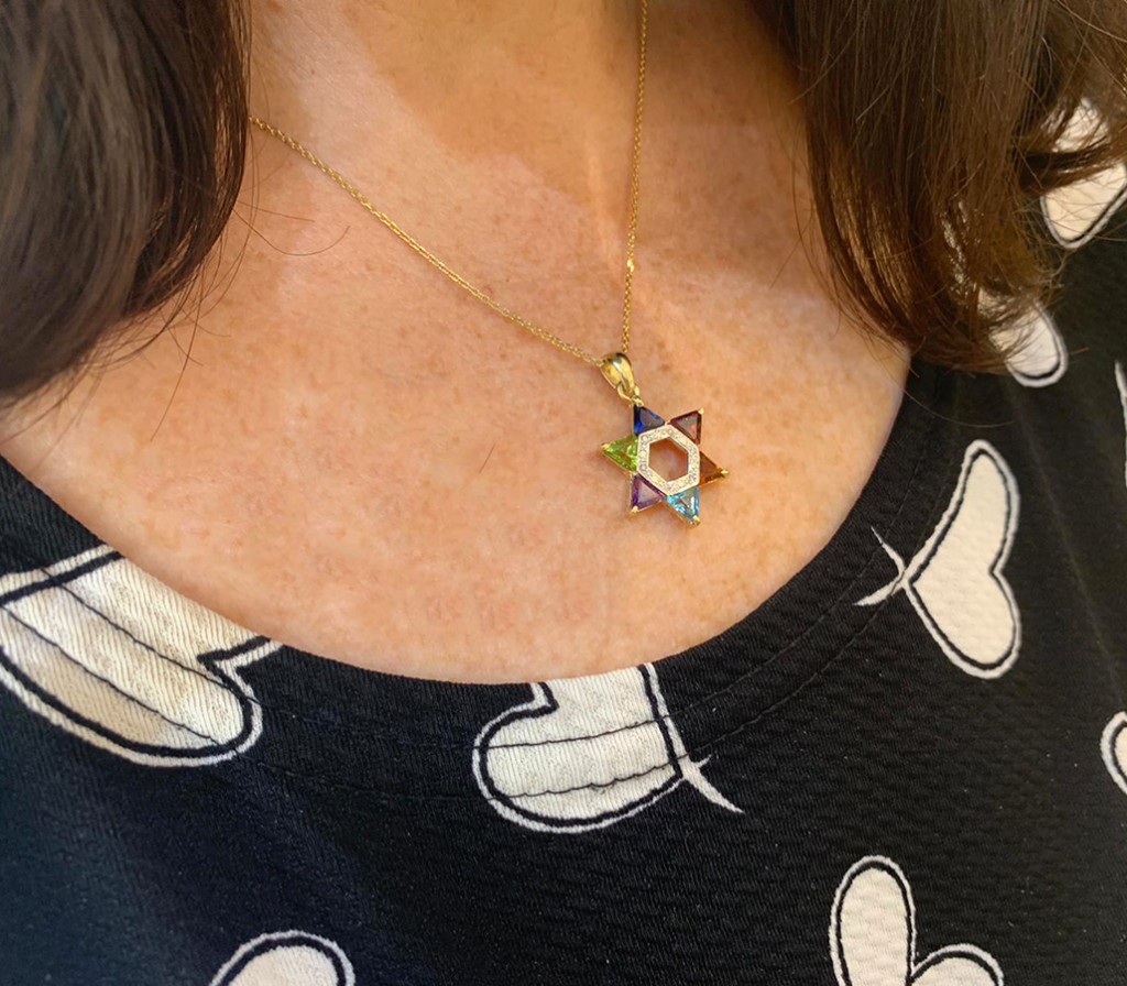 14k Gold and Diamond Multicolored Star of David Pendant