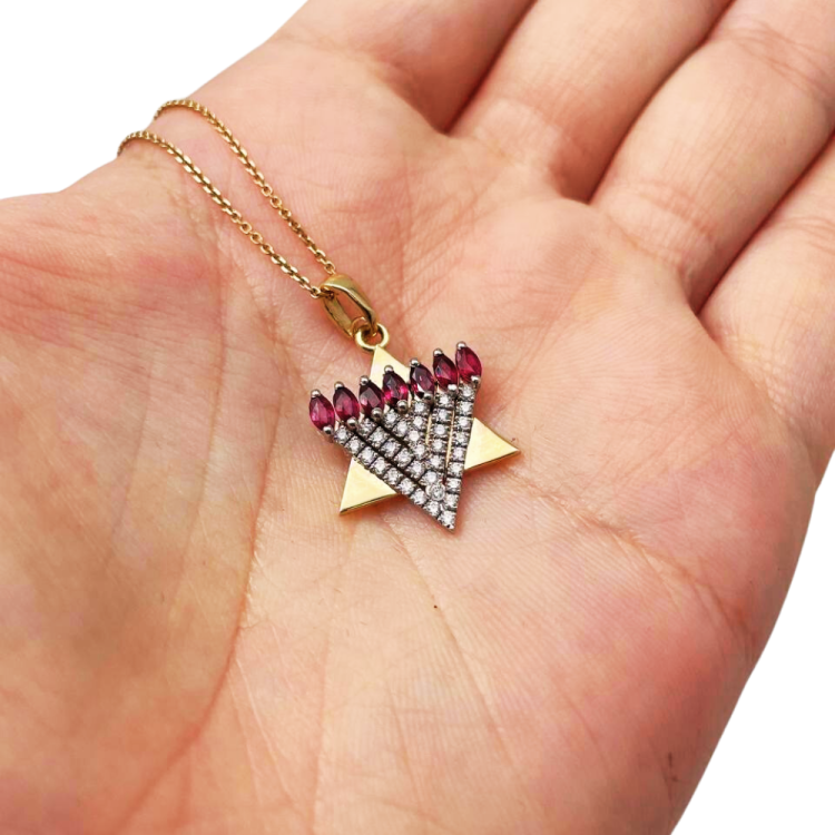 Menorah Pendant with Diamonds and Rubies in 14k Gold