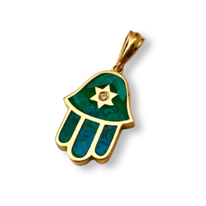 Hamsa Star of David Pendant in 14K Gold with Diamond & Eilat