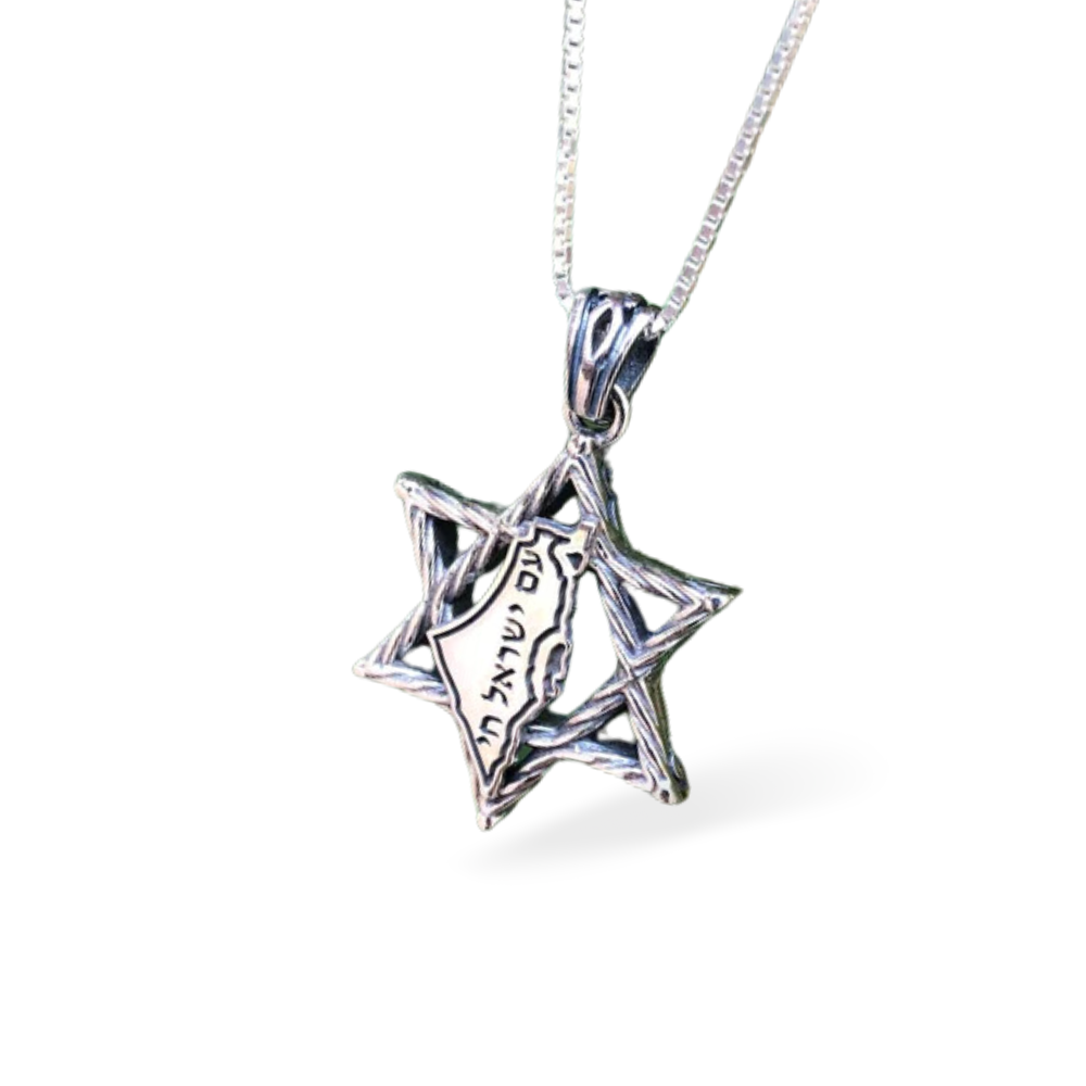 Star of David Israel Map & Am Israel Chai Necklace in Sterling Silver