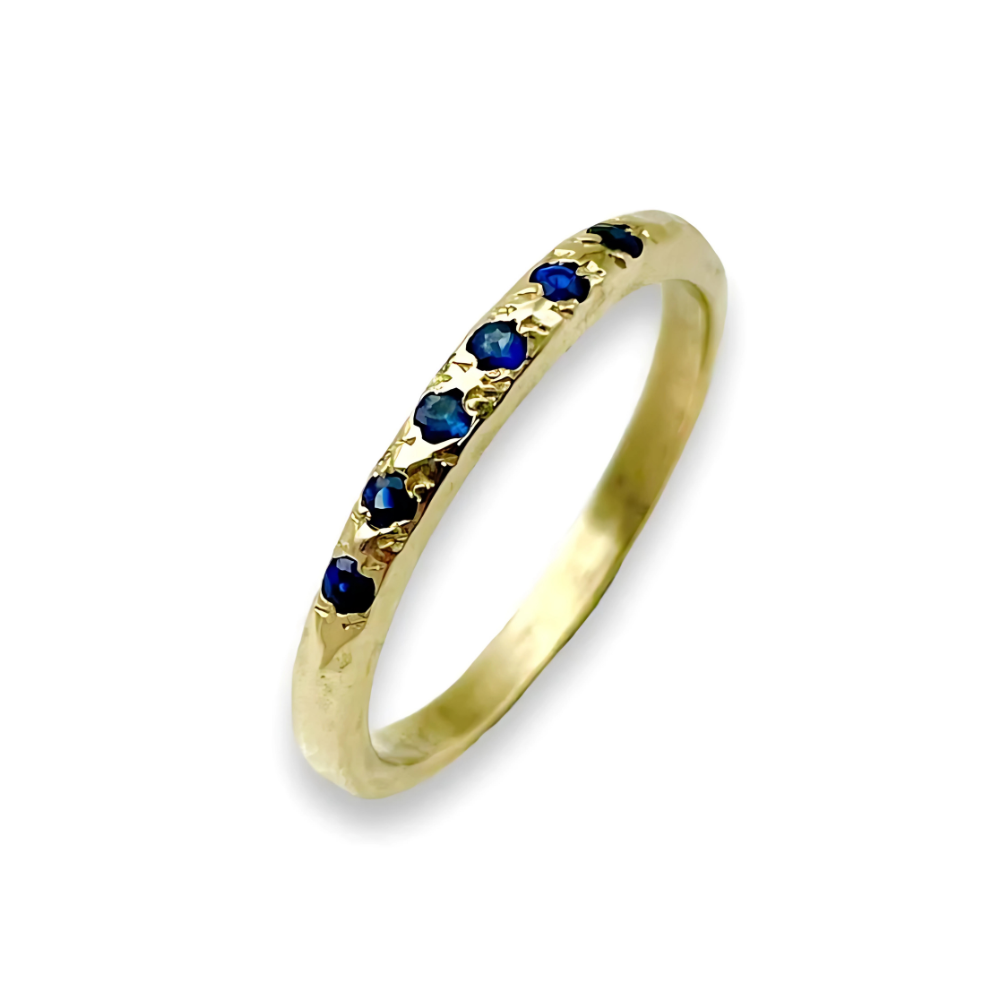 Blue Sapphires Slim Elegant Ring in 14K Hammered Gold
