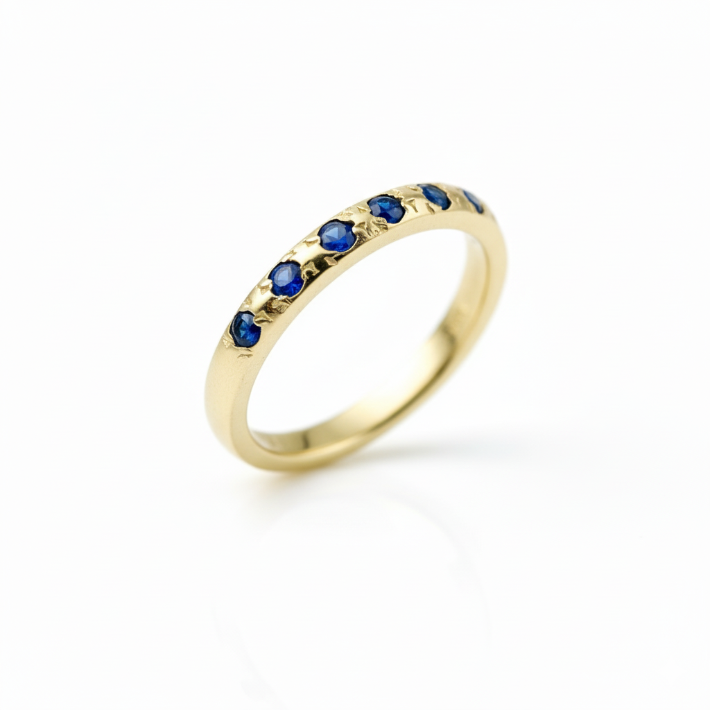 Blue Sapphires Slim Elegant Ring in 14K Hammered Gold