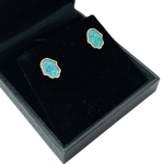 Hamsa Stud Earrings with Blue Opalite in 14K Gold