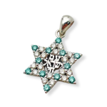 Star of David with Am Israel Chai Pendant in 14K Gold with White and Blue Diamonds
