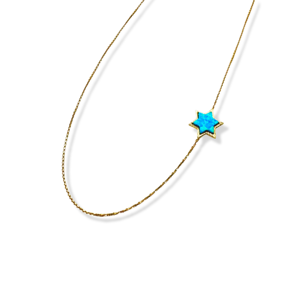 14K Gold Necklace with Blue Opalite Star of David Pendant on Anchor Link Chain