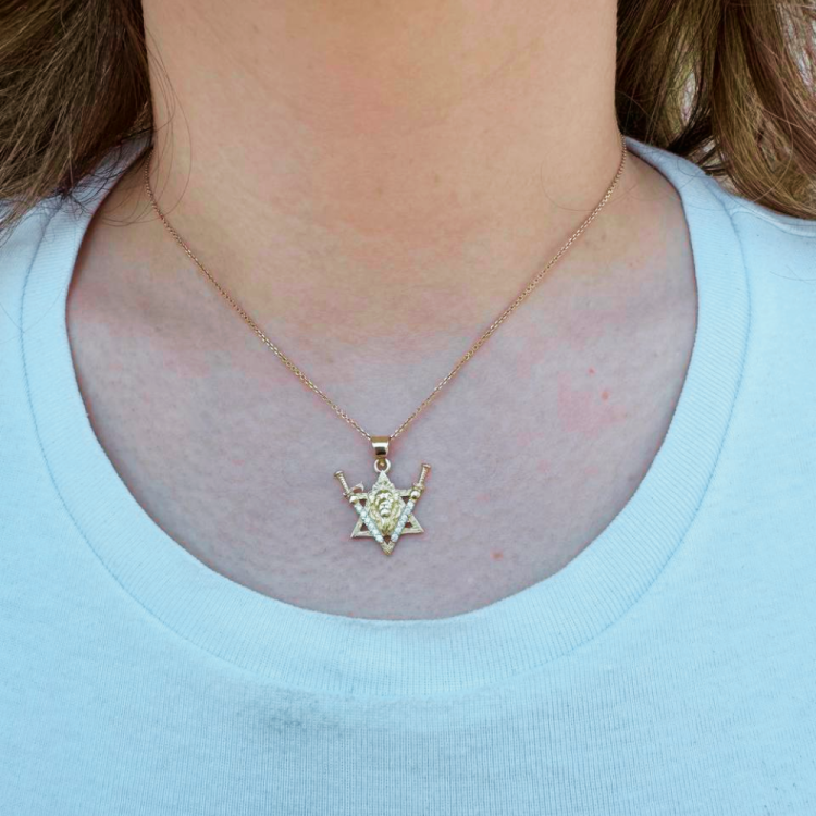 Two Swords Lion of Judah and Star of David Pendant in 14K Gold and Diamonds