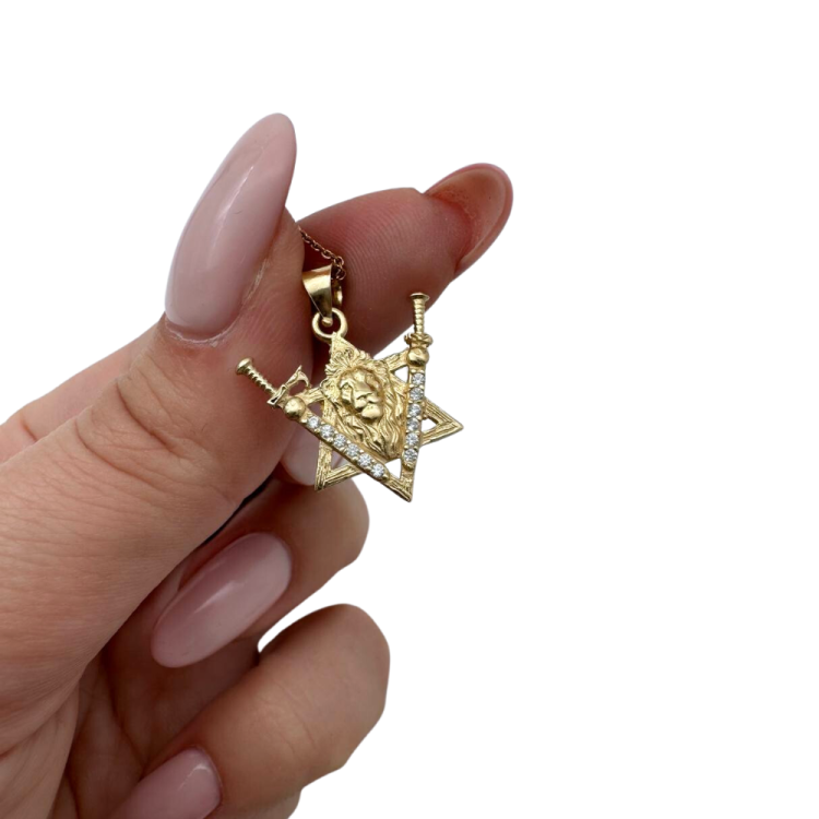 Two Swords Lion of Judah and Star of David Pendant in 14K Gold and Diamonds