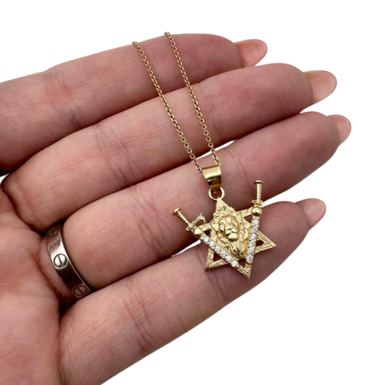 Two Swords Lion of Judah and Star of David Pendant in 14K Gold and Diamonds