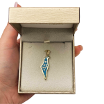 Map of Israel with Am Israel Chai and Star of David – 14K Gold Pendant with Blue Enamel