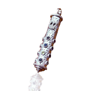 Mezuzah Shin Pendant in 14K White Gold with Hoshen Precious Stones