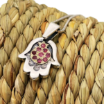 Hamsa with Pomegranate Necklace in Silver & Gold with Rubies