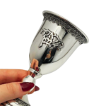 Silver Kiddush Cup with Filigree Stem – Hebrew Blessing over Wine and Grapes Pattern