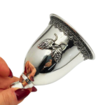Silver Kiddush Cup with Filigree Stem – Hebrew Blessing over Wine and Grapes Pattern