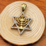 Diamond Studded Star of David Menorah Pendant in 14K Two Tone Gold – Large