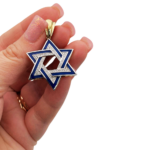 Diamond Star of David Geometric Pendant in 14K Gold with Blue Enamel – 1.38″ Size