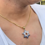Diamond Star of David Geometric Pendant in 14K Gold with Blue Enamel – 1.38″ Size