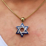 Diamond Star of David Geometric Pendant in 14K Gold with Blue Enamel – 1.38″ Size
