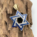 Diamond Star of David Geometric Pendant in 14K Gold with Blue Enamel – 1.38″ Size