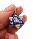 Diamond Star of David Pendant in 14K Gold with Blue Enamel and Designing – 1″ Size