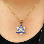 Diamond Star of David Pendant in 14K Gold with Blue Enamel and Designing – 1″ Size