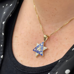 Diamond Star of David Pendant in 14K Gold with Blue Enamel and Designing – 1″ Size