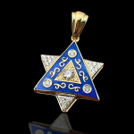 Diamond Star of David Pendant in 14K Gold with Blue Enamel and Designing – 1″ Size