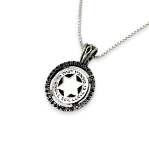 Kabbalah Angel Prayer Magen David Silver necklace with Black Zircons