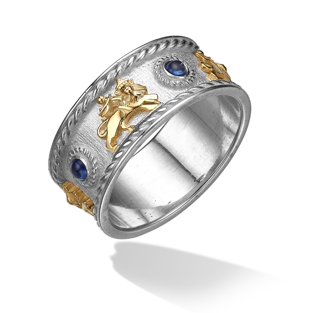 Lion of Zion Ring with Blue Sapphires in 14k Gold and Sterling Silver