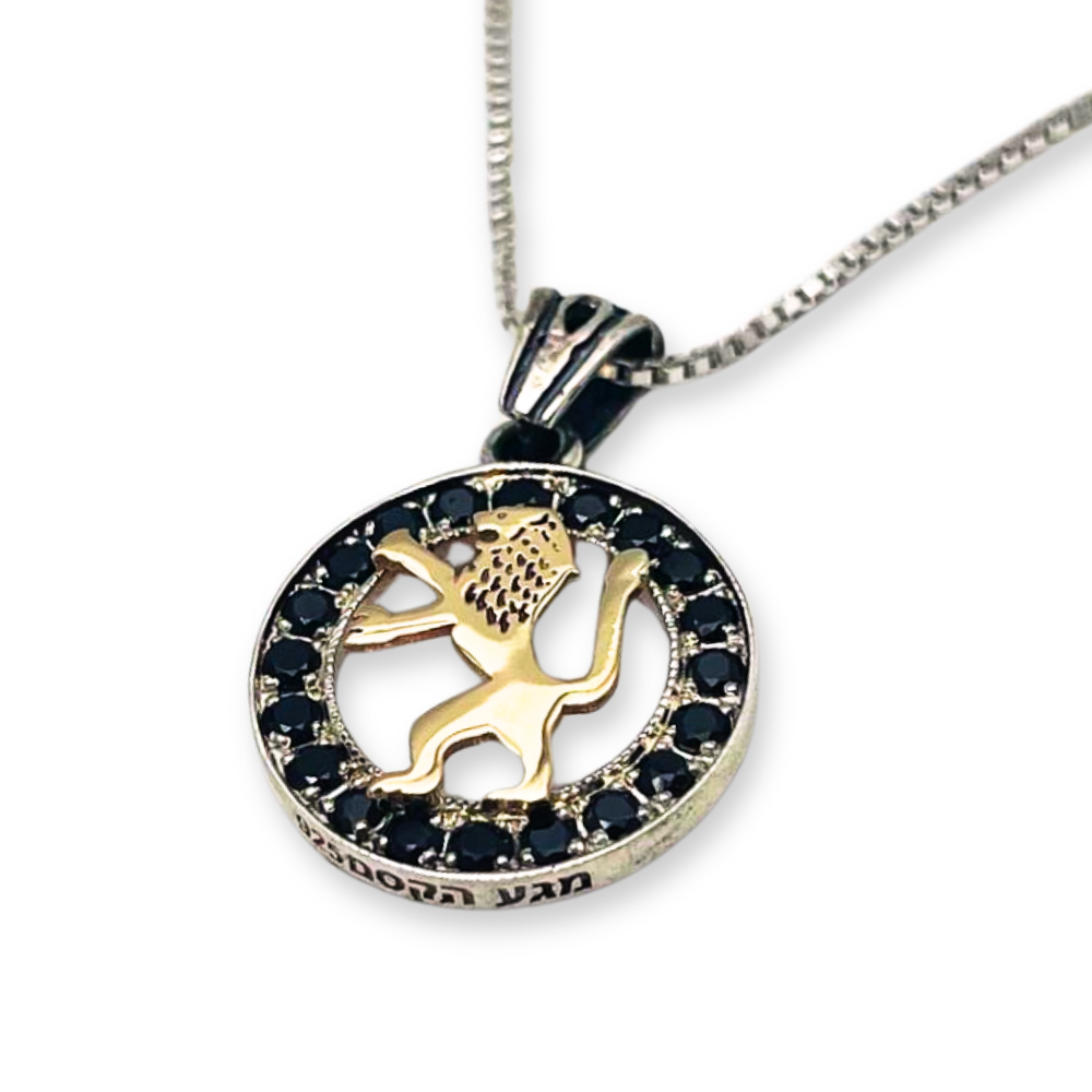 Lion of Judah Round Necklace in 9K Gold, Silver and Black Zircons