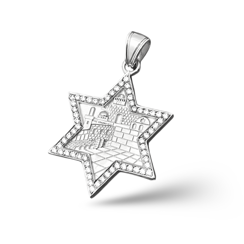Star of David with Jerusalem Pendant in 14K Gold with Diamond Border